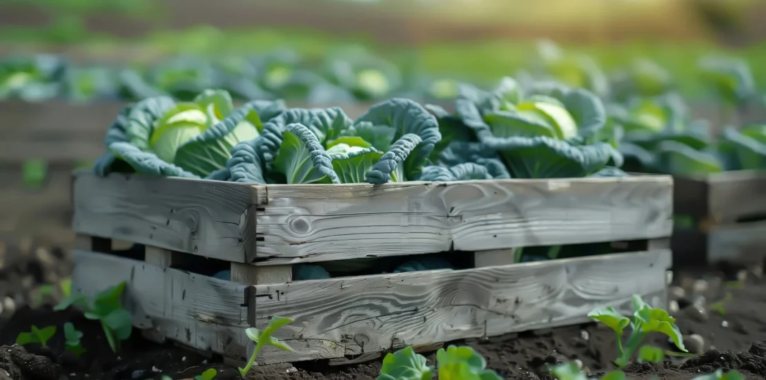 wooden crate with cabbage it field Buyuk