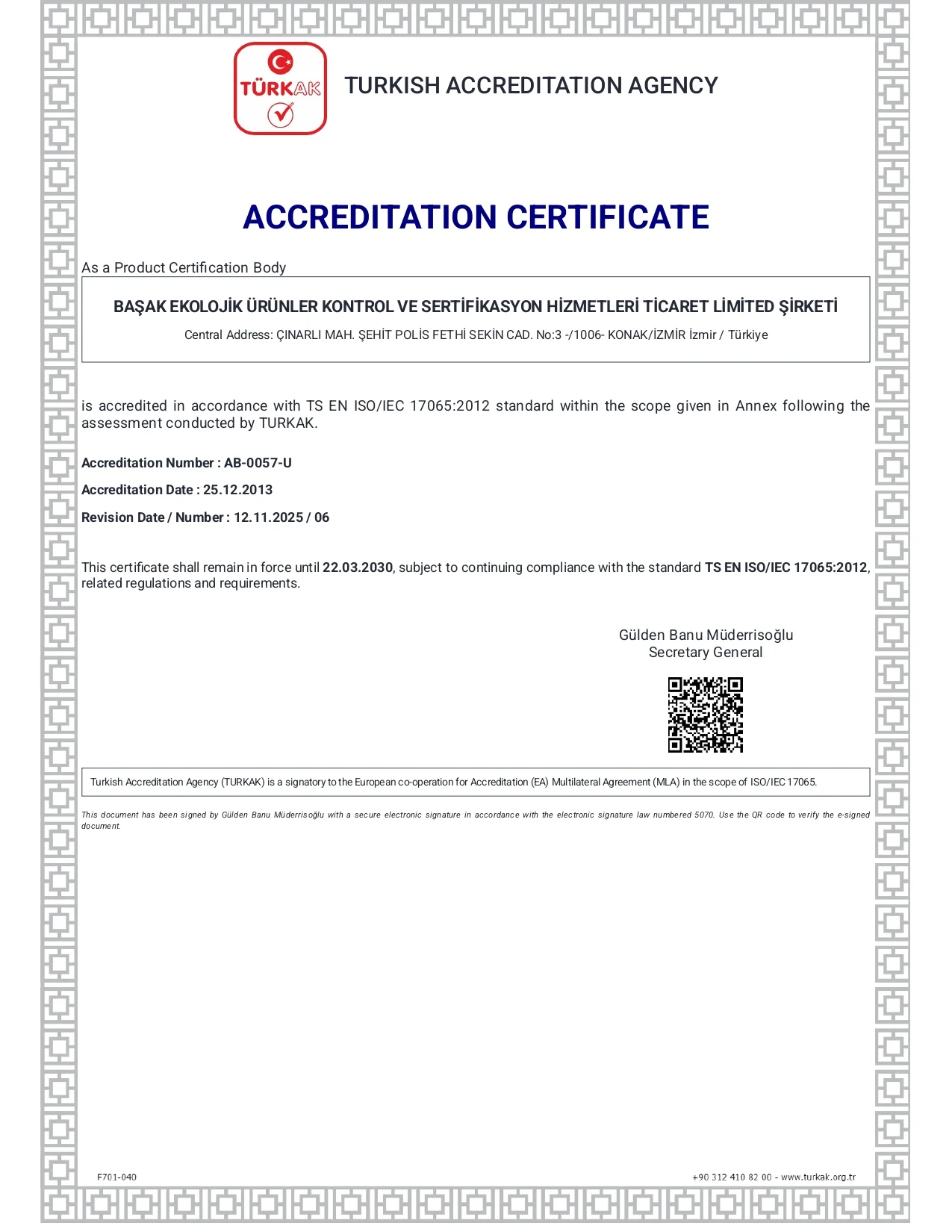 TURKAK ACCREDITATION CERTIFICATE AND SCOPE page 0001
