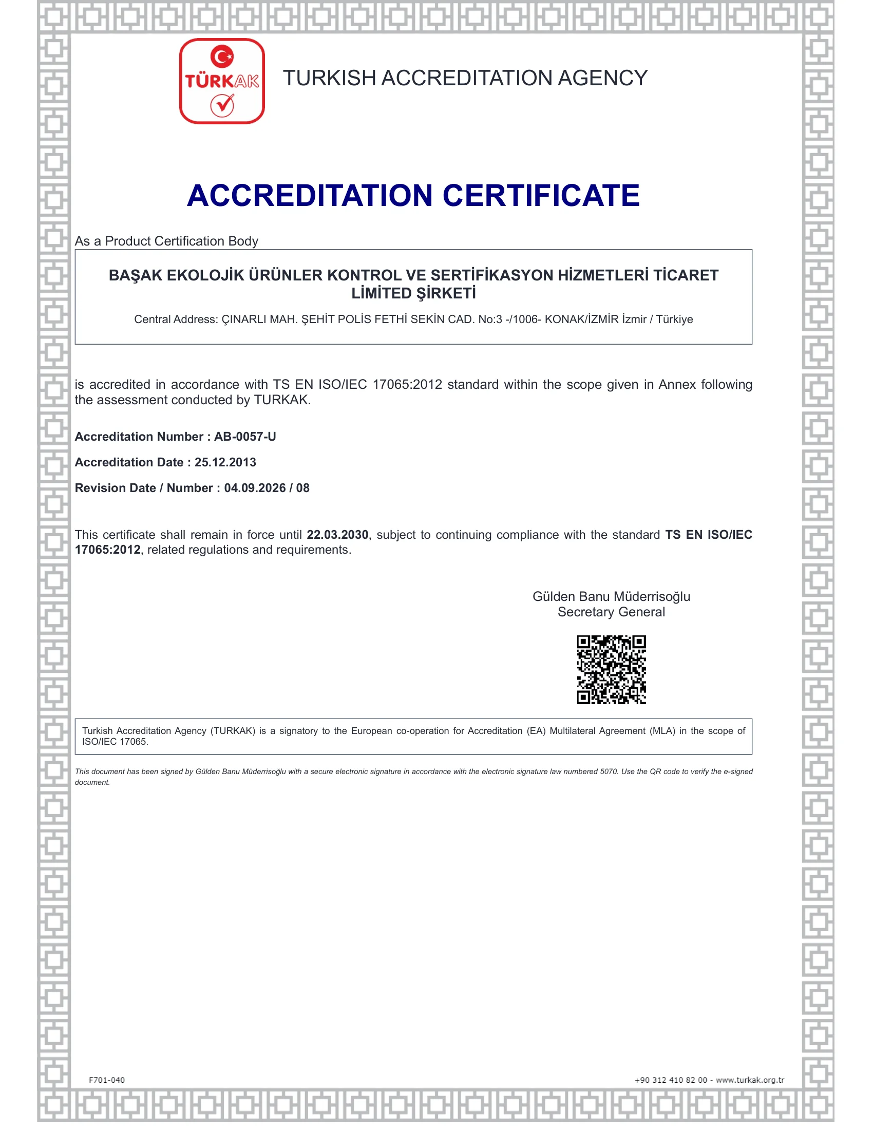 TURKAK ACCREDITATION CERTIFICATE AND SCOPE 1